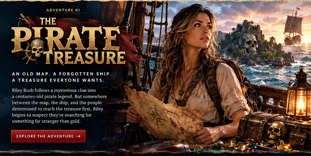 Riley Rush aboard a pirate ship searching for a mysterious treasure